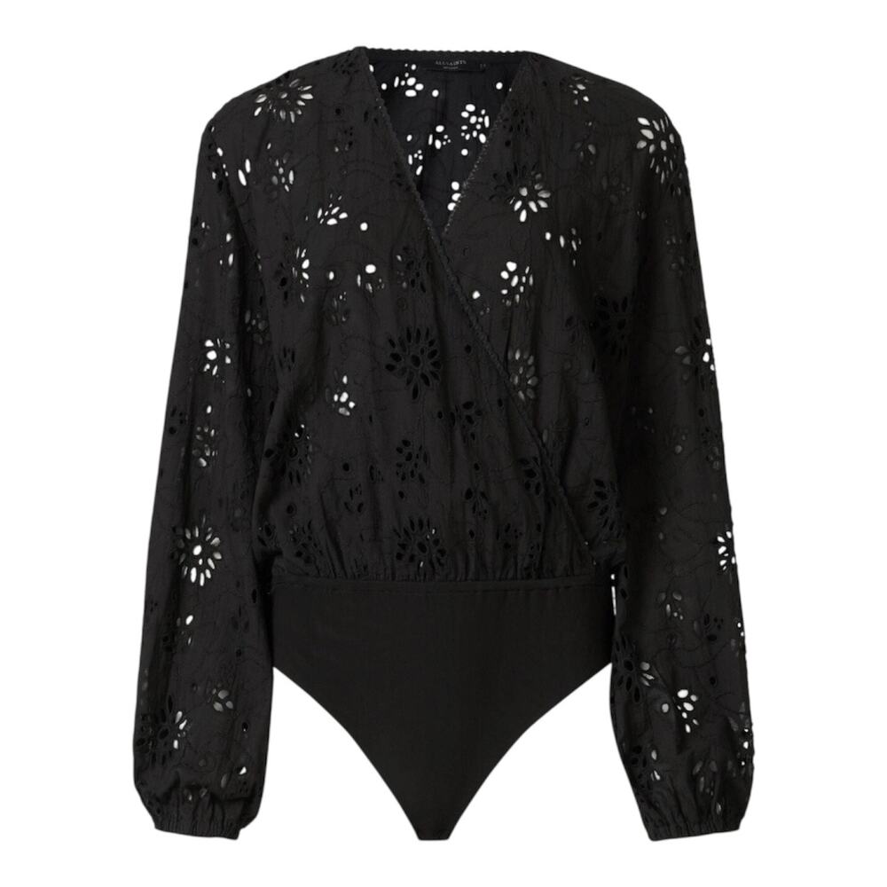 AllSaints Amara Broderie Bodysuit Black V-Neck Wrap Womens Size 10 Whimsygoth